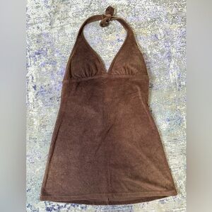 Y2K Brown Terry Cloth Halter Mini Dress Size Medium